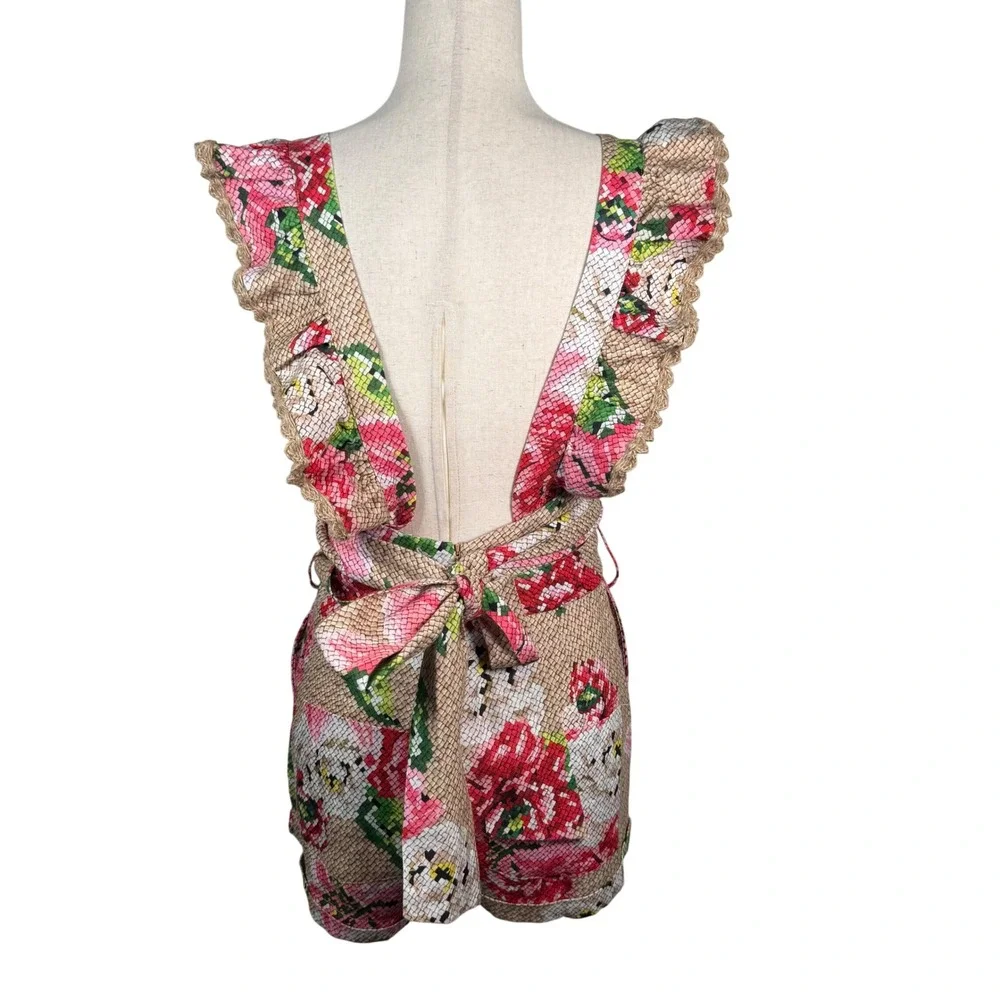 Farm Rio Floral Romper Womens Size S Beige Pink Linen Blend Boho Tropical Summer